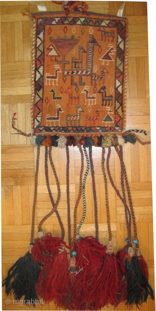 
Qashqai Persian bag, woven circa 1935, semi antique, collectors item, 38 x 28 cm, ID: 131E-3.
Woven with hand spun wool and two different techniques flat and Jejin, both faces are designed with  ...
