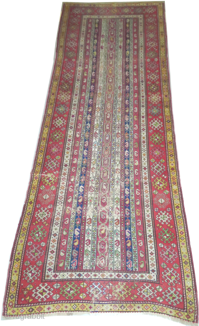 
Saliani Caucasian, knotted circa 1840 antique, collectors item, 105 x 262 cm, ID: MAM-8
Vegetable dyes.The knots the warp and the weft threads are hand spun wool. The surrounded large border is brick,  ...