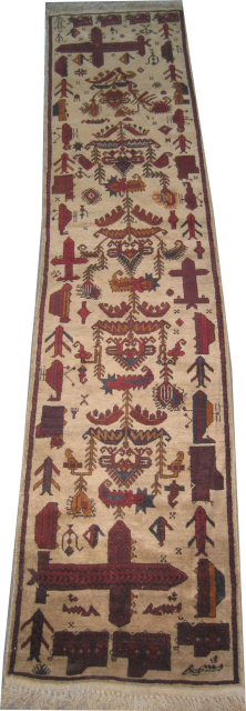 Our new website: www.madayancarpets.ch
Belutsch Afghan, 60 x 275 cm / 2'0" x 9'0" feet, ID: T-797
Historical subject, designed with airplanes, helicopters, etc. The knots, warp and weft threads are wool. Both edges ...