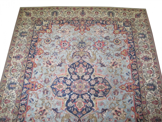 
Tabriz Persian, semi antique, 350 x 267 (cm) 11' 6" x 8' 9"  carpet ID: P-5137
The knots are hand spun lamb wool, the background color is sky blue decorated with flowers  ...