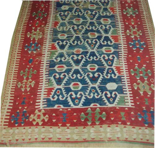 
Pambuk gala kilim Anatolian, woven circa 1820 antique, collectors item, 122 x 357 cm, ID: A-907
Woven with hand spun wool, vegetables dyes, the background color is blue with geometric design, part of  ...