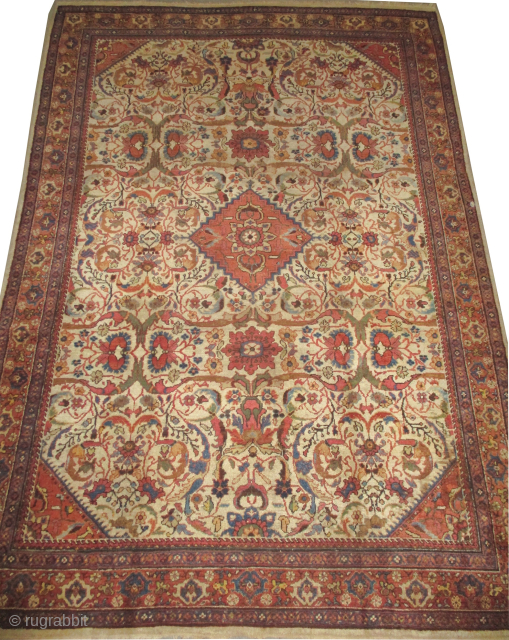
Ziegler-Mahal Persian, knotted circa 1900 antique, collectors item, 324 x 227 cm, ID: P-4251
Vegetable dyes, the black knots are oxidized, the knots are hand spun lamb wool, the background is ivory, the  ...