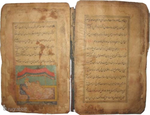 

Islamic love story book, circa 17/18 century. Antique, collector's item, museum standard,Size: 23 x 15 (cm) 9" x 6" Carpet ID: AB-1 
manuscript Islamic book "Roman" hand colored pictures.    