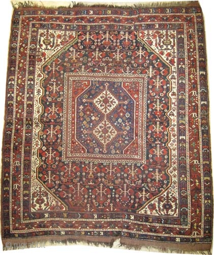  	

Shiraz Khamse Persian, circa 1905, antique. High standard collector's item. Size: 197 x 173 (cm) 6' 6" x 5' 8"  carpet ID: K-3228 
Vegetable dyes, the warp and the weft  ...