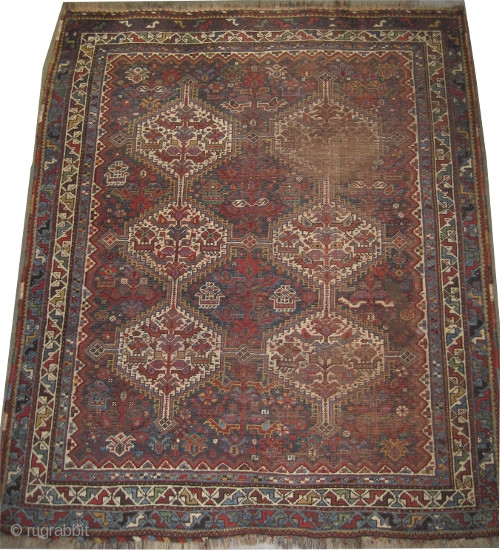 Shiraz Khamse Persian, circa 1905, antique. Collector's item, Size: 189 x 157 (cm) 6' 2" x 5' 2"  carpet ID: K-4109 
vegetable dyes, the black color is oxidized, the warp and  ...
