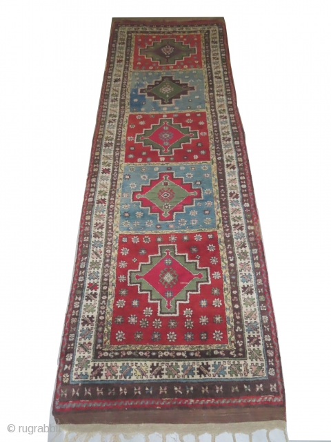 Konya Turkish, knotted circa in 1910, antique, collectors item, 110 x 348 cm, carpet ID: LUB-8
The knots, the warp and the weft threads are hand spun wool. The black color is oxidized,  ...