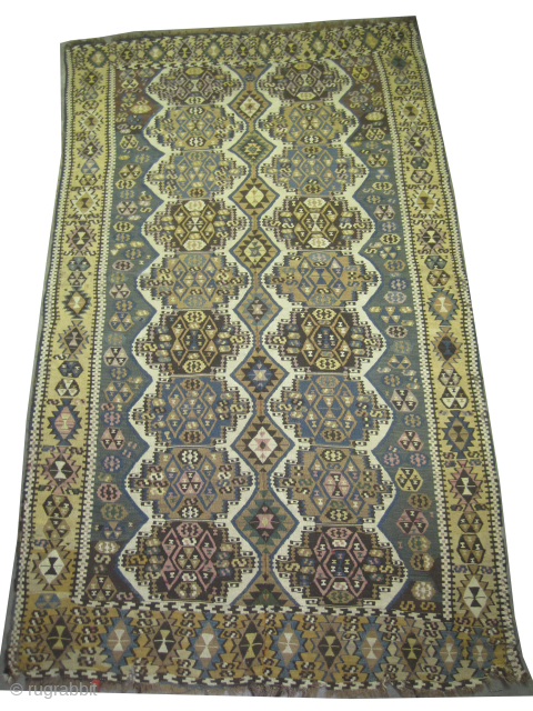 
Erzroum Anatolian kilim, woven circa 1870 antique, collectors item, 283 x 163 cm, ID: A-1280
Vegetable dyes, the black color is oxidized, woven with hand spun 100% wool, geometric design, two pieces are  ...