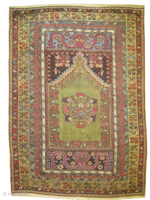 
Mudjur Turkish, knotted circa 1865 antique, collectors item, 127 x 177 cm, ID: K-3811
Vegetable dyes, the knots are hand spun wool, the black knots are oxidized, the warp and the weft threads  ...