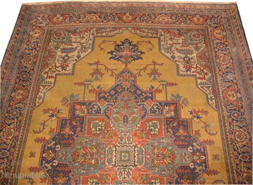 

Tabriz Persian, knotted circa 1925 antique, 336 x 232 cm, ID: P-4580
Vegetable dyes, the knots are hand spun lamb wool, the background color is yellow-gold, the center medallion is green with warm  ...
