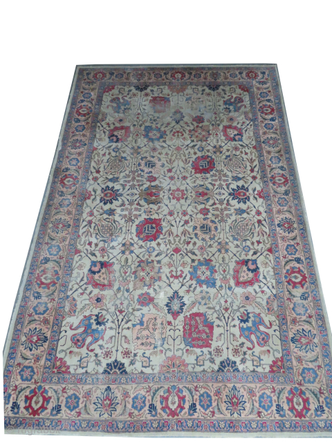
Tabriz Persian, knotted circa 1925 antique, 305 x 201cm, ID: P-4677
Vegetable dyes, the knots are hand spun wool, all over floral design, the background color is ivory, the surrounded large border is  ...