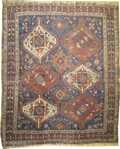  	

Shiraz Abbassi circa 1900 antique. Collectors item, Size: 149 x 125 (cm) 4' 11" x 4' 1" 
 carpet ID: K-5807 
vegetable dyes, the black color is oxidized, the warp and  ...