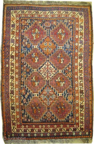 Shiraz Persian circa 1920 antique. Collector's item. Size: 157 x 105 (cm) 5' 2" x 3' 5" 
 carpet ID: M-415 
The black color is oxidized, the knots are hand spun wool,  ...
