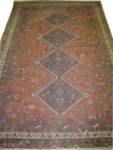 Shiraz Persian, circa 1925, antique. Collector's item, Size: 420 x 270 (cm) 13' 9" x 8' 10"  carpet ID: P-6259 
vegetable dyes, the black color is oxidized, the knots are hand  ...