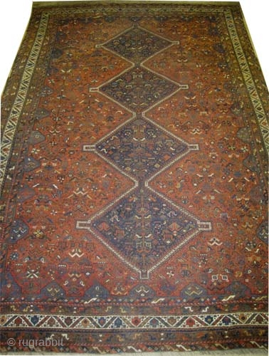 	

Shiraz Persian knotted circa in 1920 antique, collector's item, 420  x  270 (cm) 13' 9" x 8' 10"  carpet ID: P-6259
The black knots are oxidized. The knots, the warp  ...