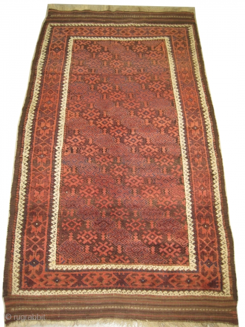 Belutch Persian, circa 1915, antique, size: 106 x 175cm, carpet ID: BRDU-1
Vegetable dyes, the warp and the weft threads are 100% wool, good condition, the black color is oxidized, the knots are  ...