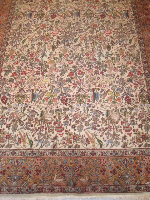 Tabriz Persian, knotted circa 1940, 215 x 328 cm, ID: SL-4
The background color is ivory, all over design, thick pile, from up last tiny border has a small damages, in its original  ...