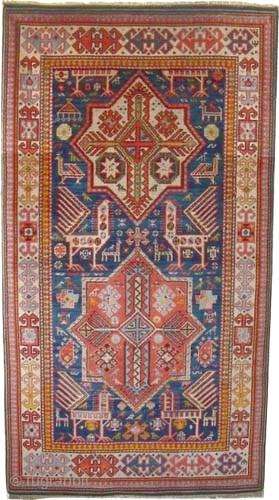 
Akstafa Caucasian, knotted circa 1935, semi antique, 216 x 110 cm,  ID: RS-498
The knots are hand spun wool, both edges are finished with tiny kilim, the shirazi borders are rolled on  ...