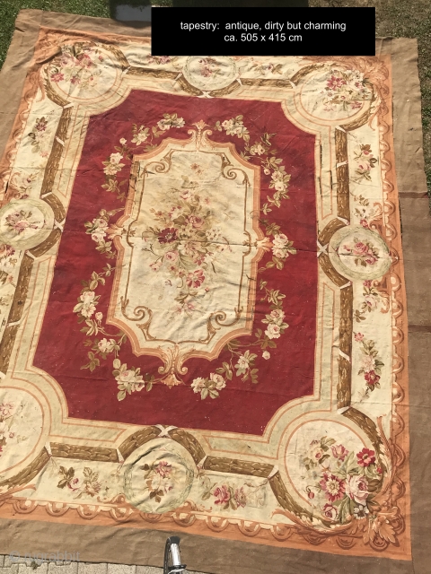 
Aubusson French, woven circa in 1900, antique. 415 x 505 cm, carpet ID: LUB-12
The background is burgundy, the center medallion and the surrounding large border are ivory, to be washed, minor places  ...