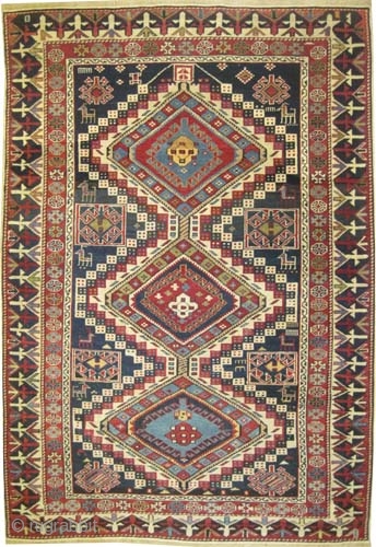 


Shirvan Caucasian, knotted circa in 1885 antique, collector's item, 158 x 112 (cm) 5' 2" x 3' 8"  carpet ID: V-89
The knots are hand spun wool, thick pile, the black knots  ...