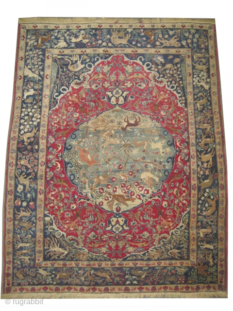 


Pictorial Tabriz Persian, collectors item, 145 x 185 cm,  ID: K-198
The knots are hand spun wool, certain colors are oxidized, the center medallion is sky blue with animals, the background color  ...