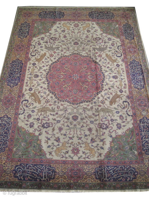 
Amritsar Indian, knotted circa 1910 antique, 245 x 340 cm, ID: P-6020
From 16th century Mohgul design, vegetable dyes, the knots are hand spun wool, ivory background designed with animals, the surrounded large  ...