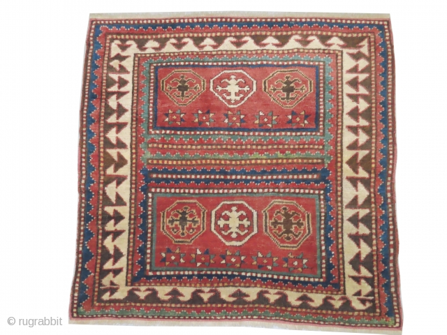 

Bordjalou-Kazak Caucasian, knotted circa in 1880, antique, collector's item, 104 x 99 (cm) 3' 5" x 3' 3"  carpet ID: CC-24
The knots, the warp and the weft thread are hand spun  ...