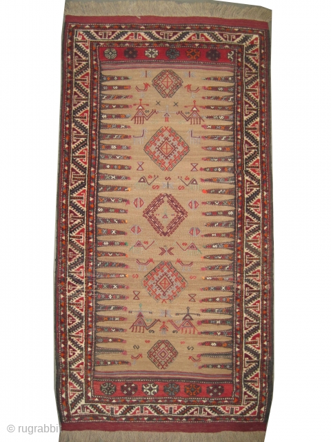  

Sofre Gutschan-Kurd Persian, woven circa 1940, semi antique. 190 x 100 cm, ID: K-4182
Woven and knotted with hand spun wool, the background is flat woven with camel hair, the surrounded 19  ...