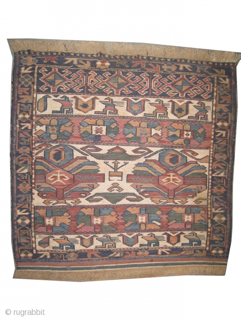 
Soumak Caucasian bag face circa 1915. Antique. Collector's item. Size: 61 x 59 (cm) 2'  x 1' 11"  carpet ID: A-861 
Perfect condition, vegetable dyes, the white color is cotton  ...