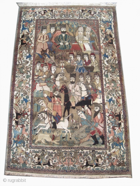 Pictorial Kashan Persien circa 1910 antique. Collector's item, signed as: ISKANDER
 Size: 135 x 218 (cm) 4' 5" x 7' 2"  carept ID: K-3055

knotted by order, vegetable dyes, the black color  ...