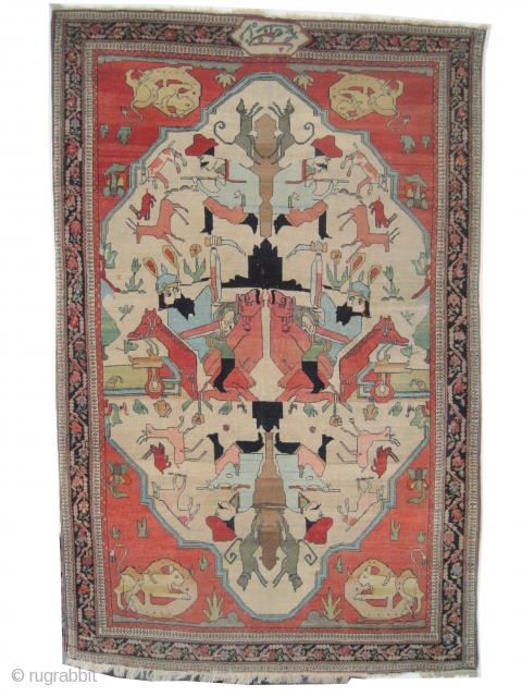 Pictorial Farahan-Sarouk Persian signed and collector's item, circa 1905 antique. Size: 127 x 195 (cm) 4' 2" x 6' 5"  carpet ID: K-3061 
Vegetable dyes, the brown and the black colors  ...