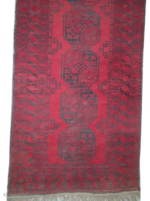 Ersari Afghan, knotted circa in 1930, semi antique, 390 x 115 cm, carpet ID: RES-2
The black color is oxidized, both edges are finished with 5 cm kilim. The knots, the warp and  ...