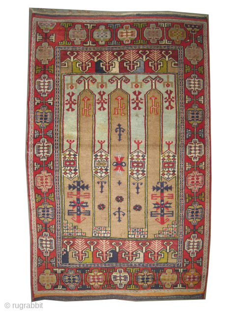 
Karaman prayer Turkish, knotted circa 1925 antique, 110 x 164 cm, ID: K-3601
The knots, the warp and the weft threads are 100% wool. Both edges are finished with 6cm kilim, high pile,  ...