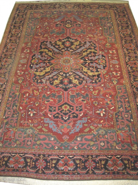 Heriz Persian circa 1910 antique, 264 x 378 cm, carpet ID: KI-1 
Vegetable dyes, the black color is oxidized, the knots are hand spun wool, the background is rust, indigo medallion, green  ...