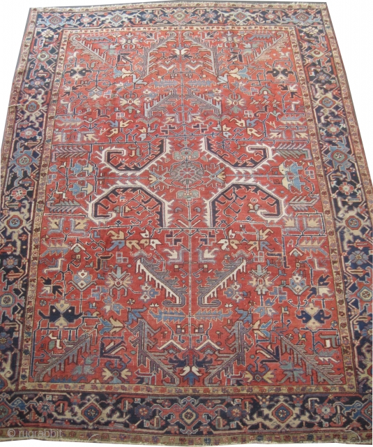 

	

Heriz Persian knotted circa in 1916 antique, collector's item,  327 x 245 (cm) 10' 9" x 8'  carpet ID: P-4335
The black knots are oxidized, the knots are hand spun lamb  ...