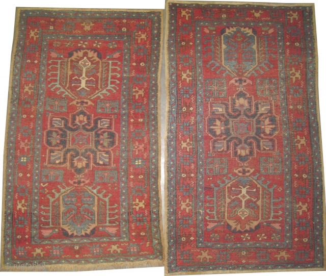 

Heriz Persian, knotted circa 1915 antique, collectors item, 80 x 130 cm, ID. K-3522 
The black knots are oxidized, the knots are hand spun wool, the shirazi borders are woven on two  ...