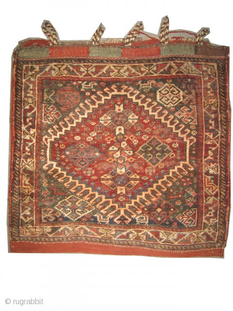 
Qashqai bag Persian circa 1900 antique, collector's item, Size: 58 x 54 (cm) 1' 11" x 1' 9"  carpet ID: K-4933 
the knots are hand spun wool, vegetable dye, the black  ...