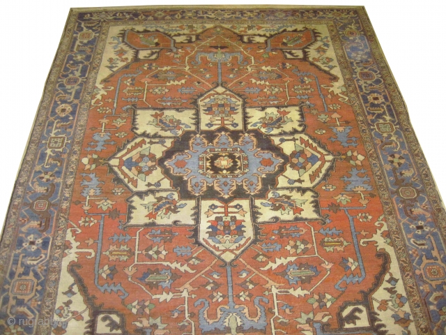 	

Serapi Heriz Persian circa 1880 antique. Collector's item. Size: 382 x 300 (cm) 12' 6" x 9' 10"  carpet ID: P-1286
Vegetable dyes, good condition, the black colour is oxidized, the background  ...