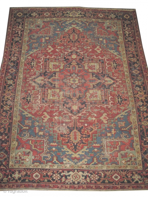 Heriz Persian knotted circa in 1920 antique, 302 x 230  carpet ID: P-3982
The knots are hand spun wool, the black knots are oxidized, the shirazi borders are woven on two lines  ...