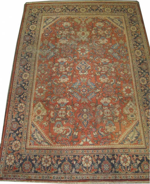 Mahal Persian knotted circa in 1905 antique, 323 x 222 
 carpet ID: P-5106
The knots are hand spun wool, the black knots are oxidized, the background color is brick with all over  ...