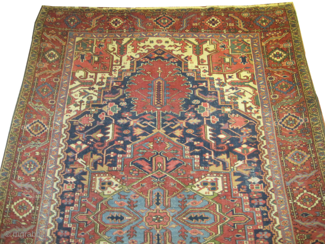 Serapi-Heriz Persian, knotted circa 1905 antique, collectors item, 346 x 234 cm, ID: P-4023
Vegetable dyes, the black knots are oxidized, the knots are hand spun wool, the background color is indigo, the  ...