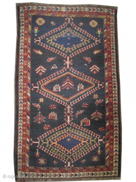 Louri Kurd Persian circa 1895 antique, collector's item, Size: 218 x 128 (cm) 7' 2" x 4' 2"  carpet ID: K-3331
Vegetable dyes, the black color is oxidized, indigo background, the knots  ...