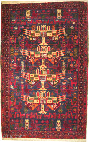 Belutch Afghan, semi antique, 98 x 154 cm, ID: 370AF
Designed with airplanes and animals, high pile, in perfect condition, finely knotted with hand spun wool.