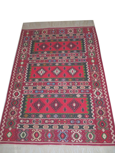 Sharkoy kilim Turkish, semi antique, 144 x 196 cm, ID: LUB-9
Woven with hand spun wool, vegetable dyes, in perfect condition.