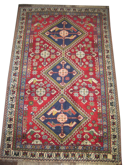 

Qashqai Persian, knotted circa 1935 semi antique, 136 x 211 cm, ID: M-531
Vegetable dyes, the black knots are oxidized, the knots are hand spun lamb wool, the warp and the weft threads  ...