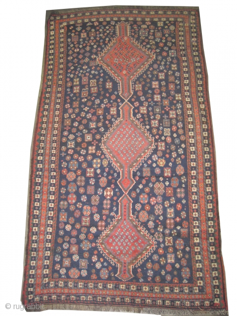 Shiraz Persian circa 1905 antique. Collector's item. Size: 247 x 130 (cm) 8' 1" x 4' 3" 
 carpet ID: K-453
Vegetable dyes, the black color is oxidized, the knots are hand spun  ...