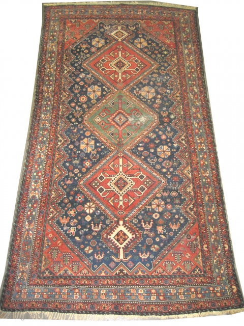  Qashqai Persian circa 1918 antique, collector's item, Size: 304 x 157 (cm) 10'  x 5' 2"  carpet ID: K-5490
The knots are hand spun lamb wool, vegetable dyes, the black  ...