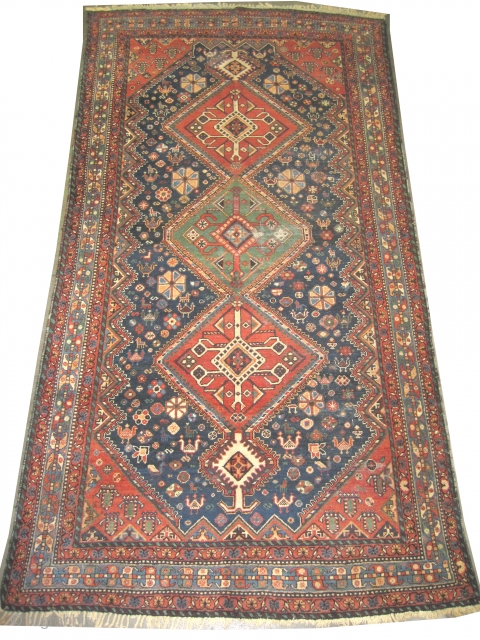 Qashqai Persian circa 1918 antique, collector's item, Size: 304 x 157 (cm) 10'  x 5' 2"  carpet ID: K-5490
The knots are hand spun lamb wool, vegetable dyes, the black  ...
