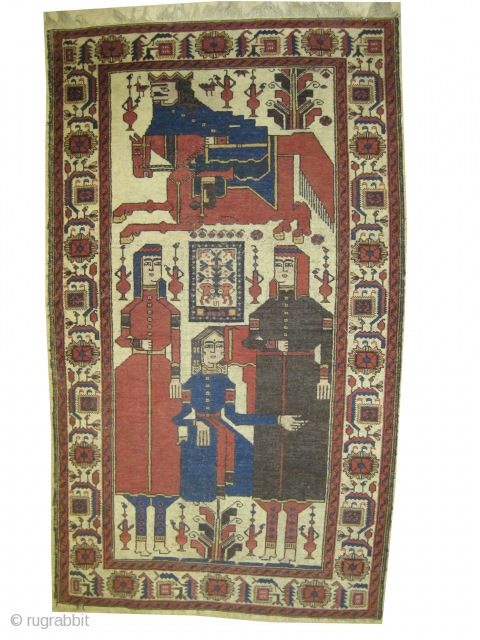 	

Name: Pictorial Belutch Persian, knotted circa in 1915 antique, Size: 208 x 117 (cm) 6' 10" x 3' 10"  carpet ID: E-101
Historical subject: The Russian Tsar on the horse with his  ...