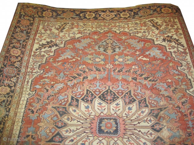 	

Serapi Heriz Persian, knotted circa in 1890 antique.  404 x 294 (cm) 13' 3" x 9' 8" 
 carpet ID: P-4278
Tthe knots are hand spun lamb wool, from the left side  ...