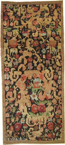 
Karabag Caucasian, knotted circa 1895 antique, 104 x 247 cm, ID: K-3833
In good condition, high pile, the warp and the weft threads are 100% wool, dragon design with European influence, the black  ...